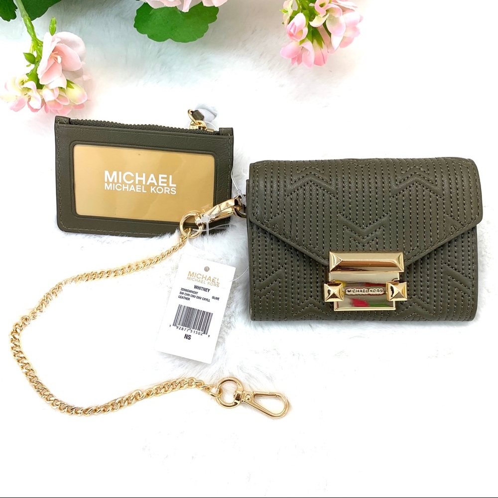 Michael Kors Whitney Small Deco Quilted Leather Chain Wallet In OLIVE